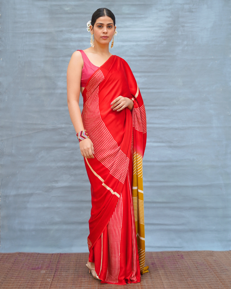 Gentle Fall Red Handblock Print Modal Silk Saree - Flow