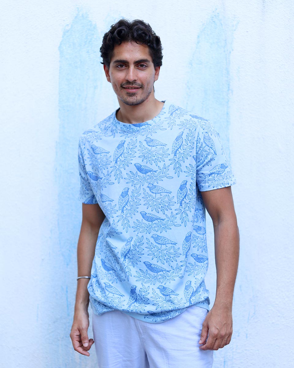 Anhad Sky Blue Hand Block Print Cotton T- Shirt - TOF