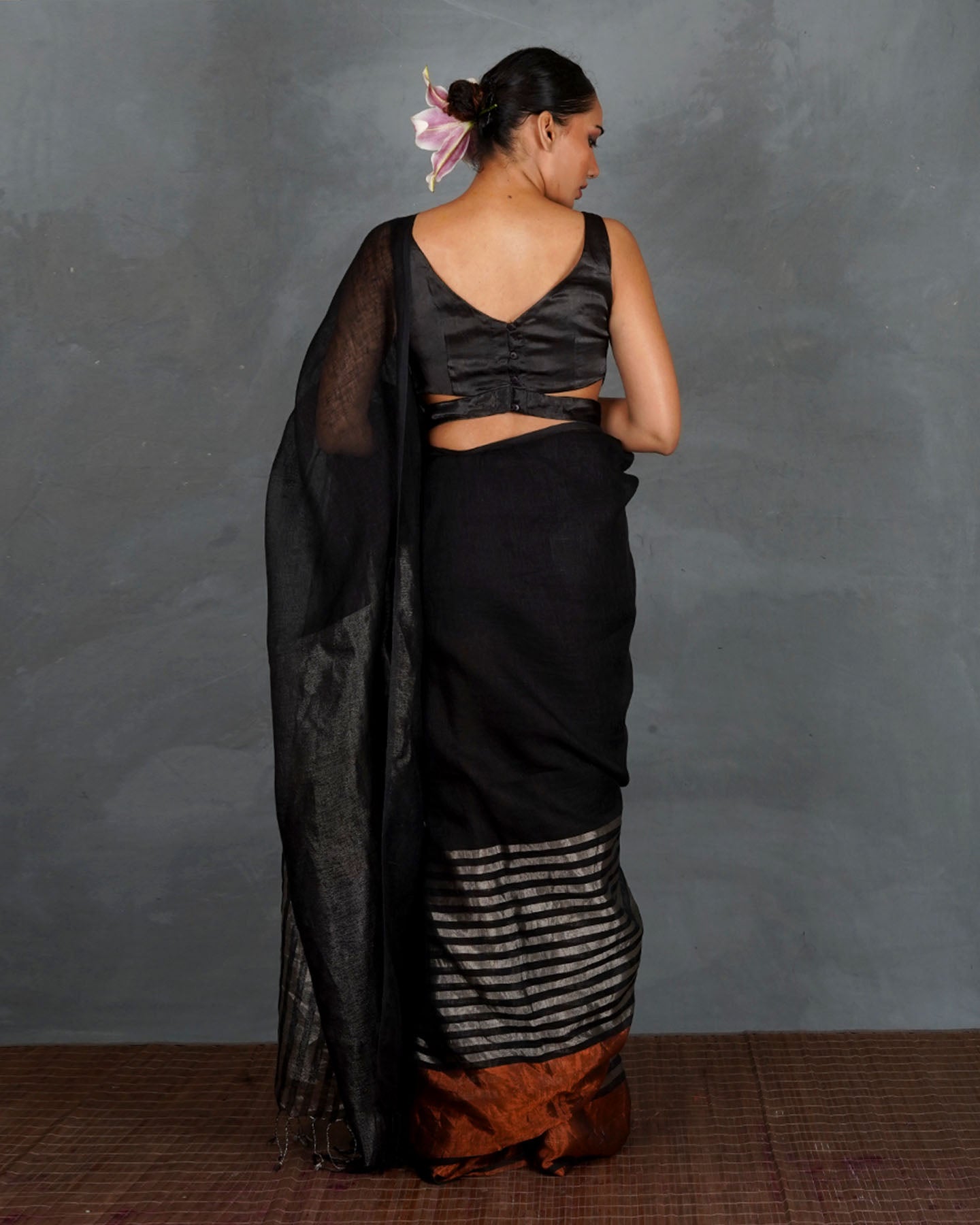 Follow Dawn Black Handwoven Linen Saree - TARA