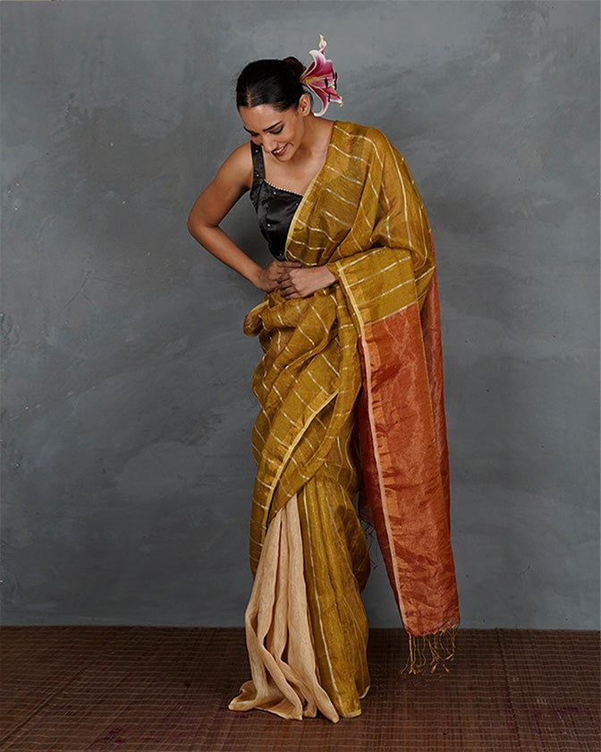 Catch Stars Mustard Gold Handwoven Linen Saree - TARA
