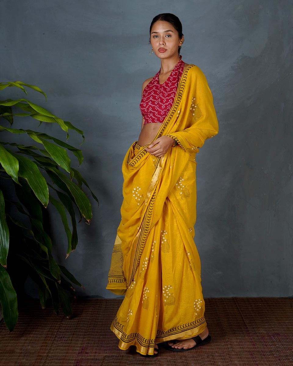 Mriga Yellow Hand Block Printed Saree-MYA