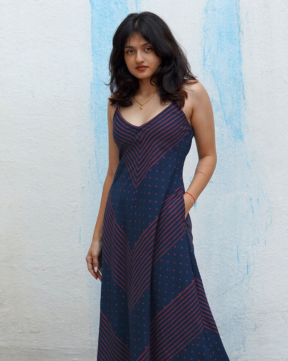 Wolf Moon Blue Handblock Print Cotton Dress - MNCH
