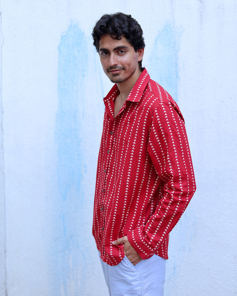 Raahi Red Hand Block Print Cotton Shirt -TOF