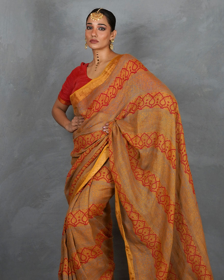 Deepika Mustard  Handblock Linen Saree - TARA