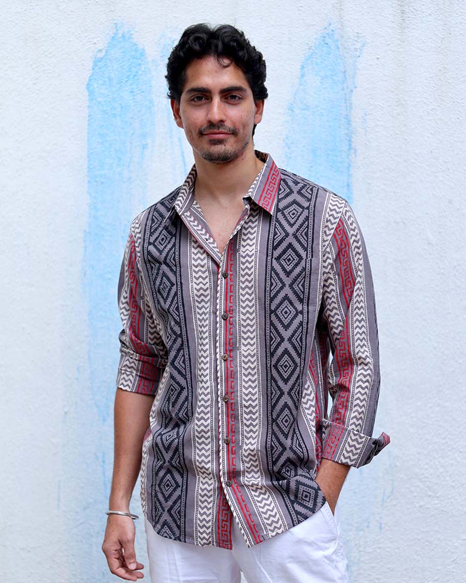 Ruhan Grey Hand Block Print Cotton Shirt -TOF