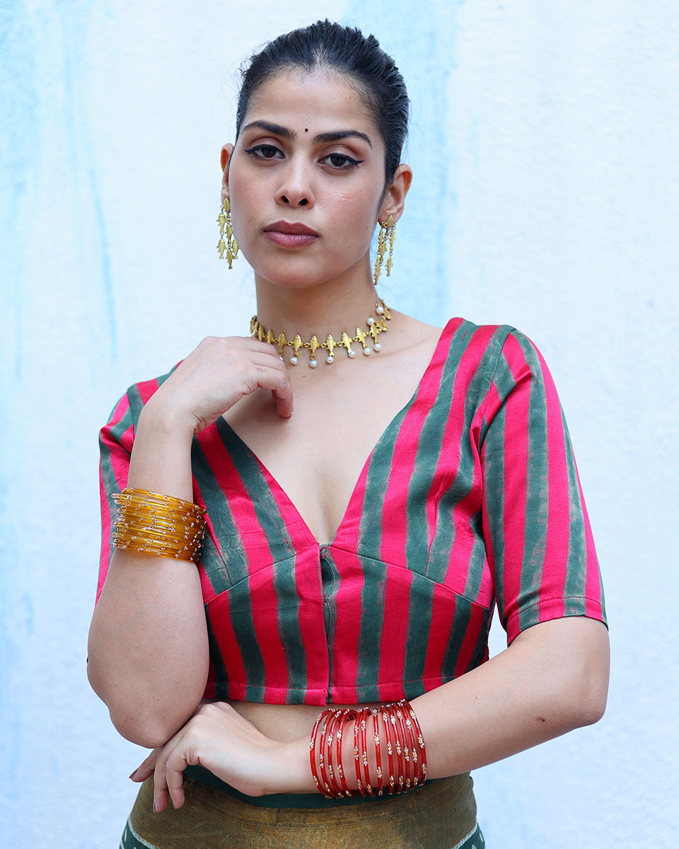 Tajalli Red With Green Handblock Print Mashru Silk Blouse - RSH