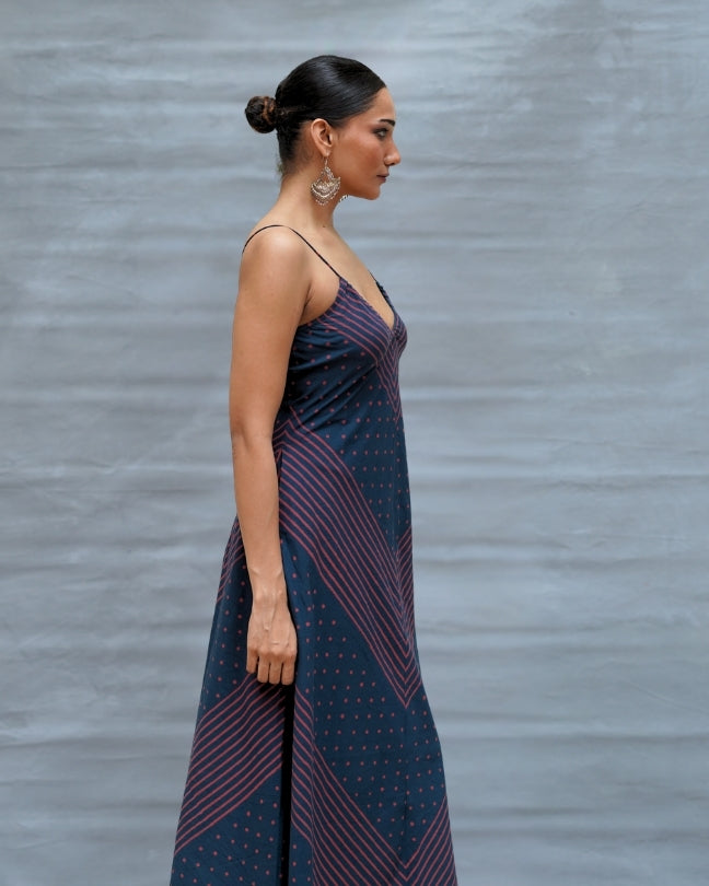 Wolf Moon Blue Handblock Print Cotton Dress - MNCH