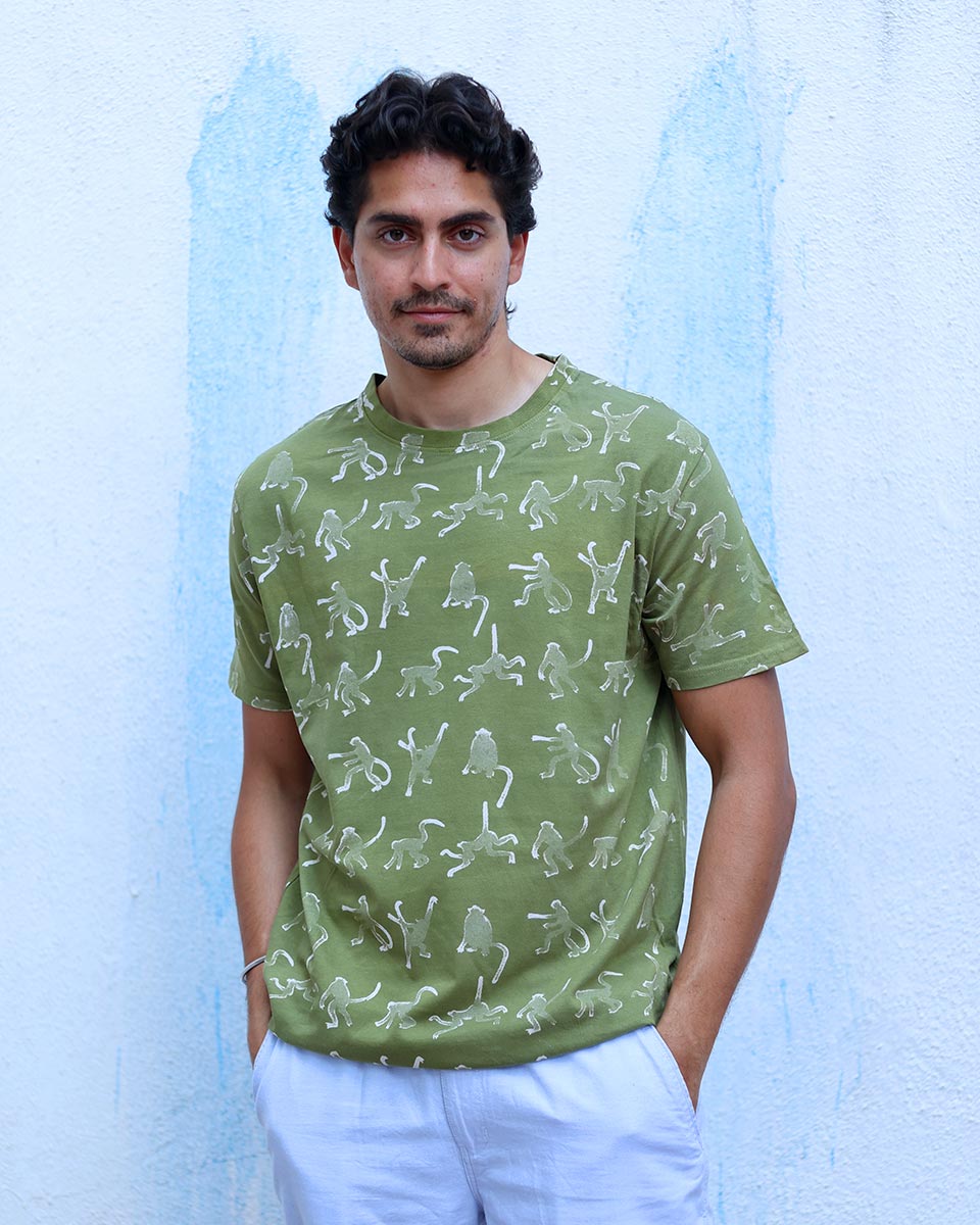 Ranjha Olive Green White Hand Block Print Cotton T- Shirt - TOF