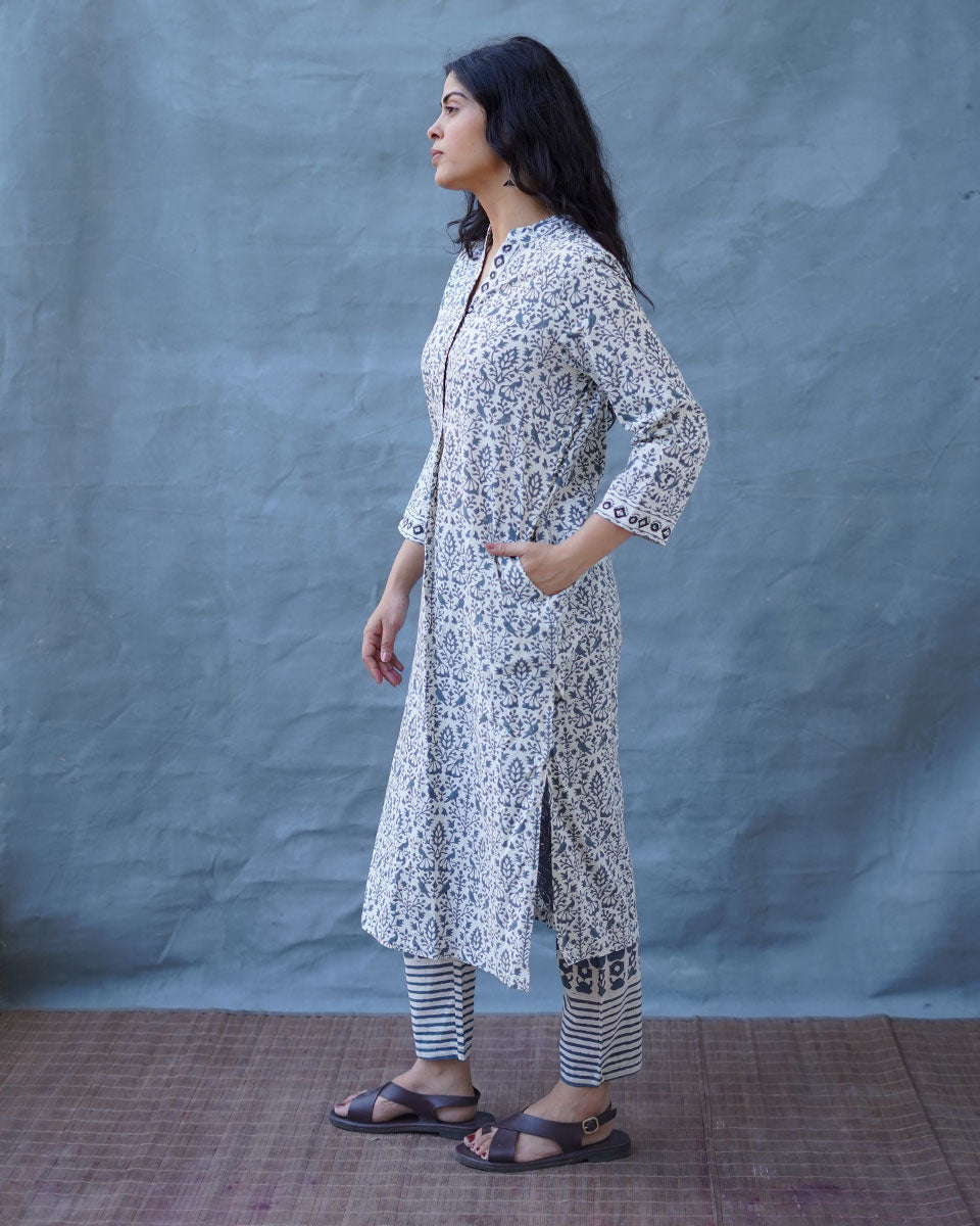Monsoon Sea Grey Block Printed Cotton Kurti - BMS