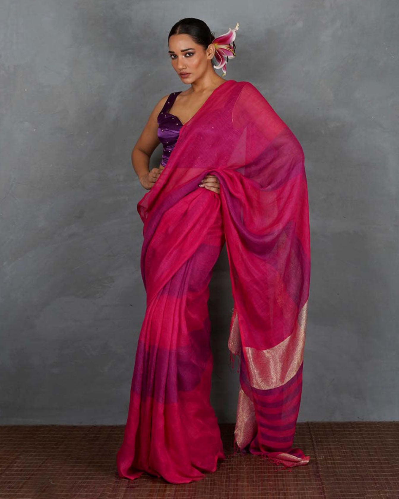 Samira Magneta Handwoven Linen Saree - TARA