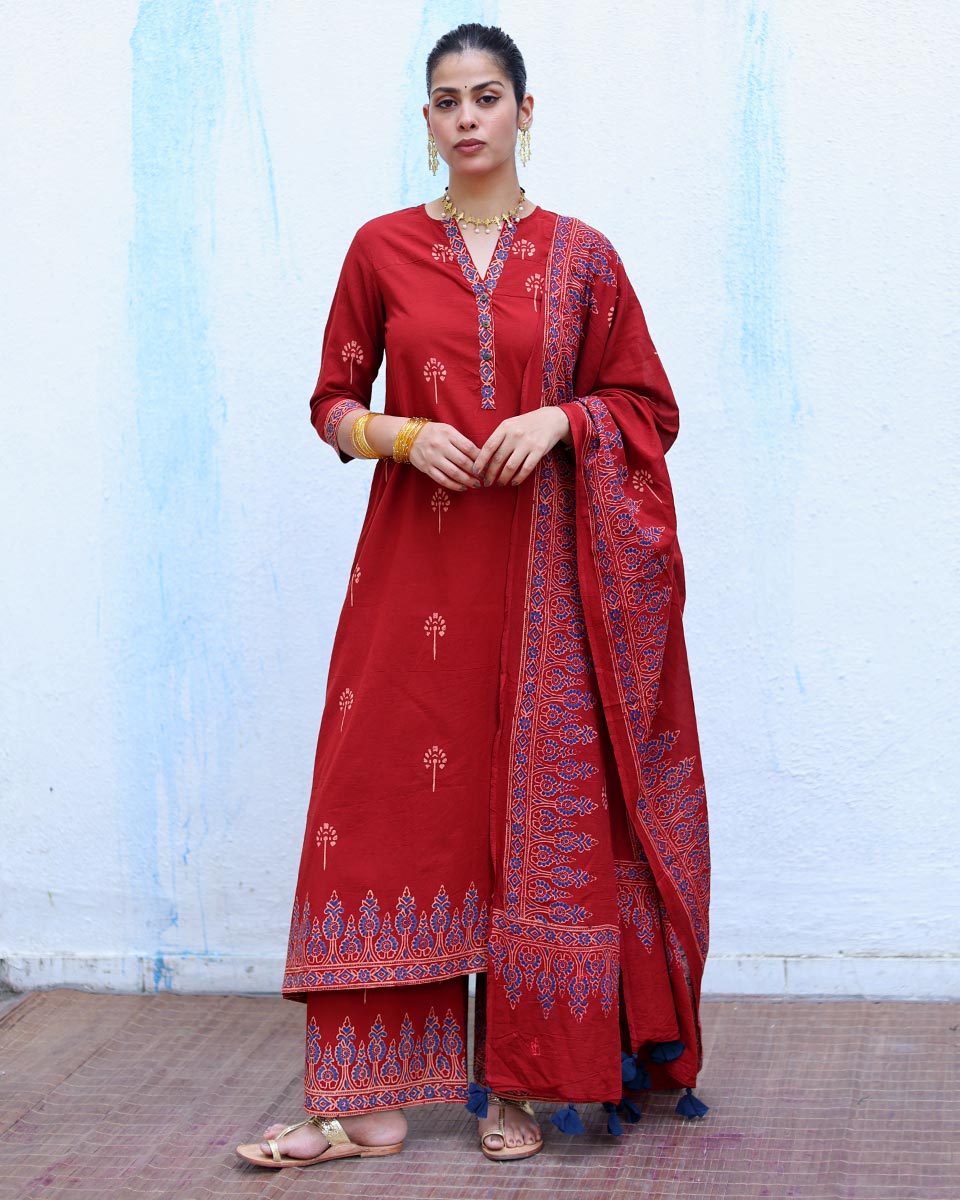 Tara Red Handblock Print Cotton Dupatta - RSH