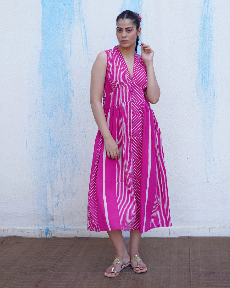Chulbuli Pink Handblock Print Cotton Dress - BFG