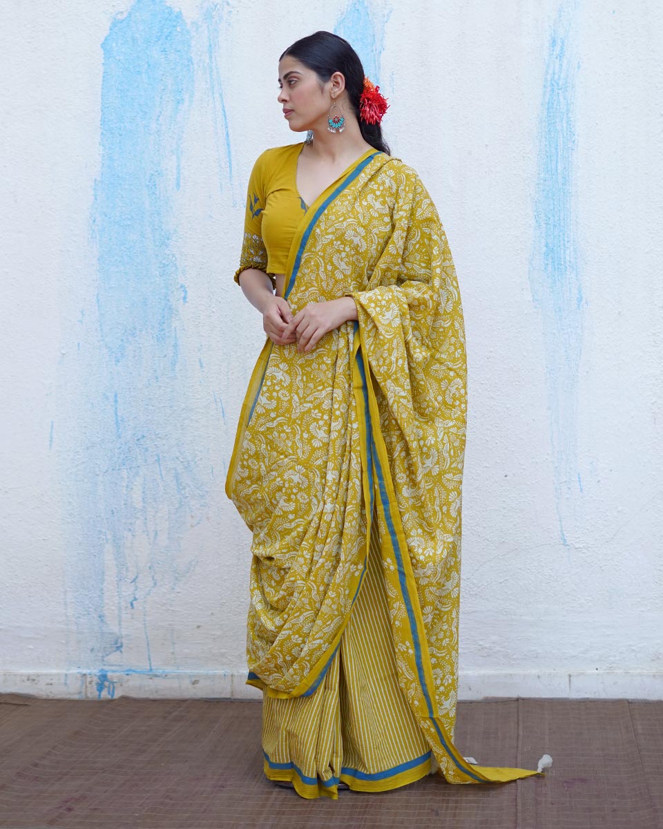 Pakhi Yellow Handblock Print Cotton Saree - BFG