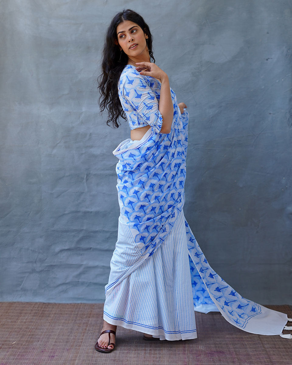 Maya Blue Hand Block Printed Saree-BAD