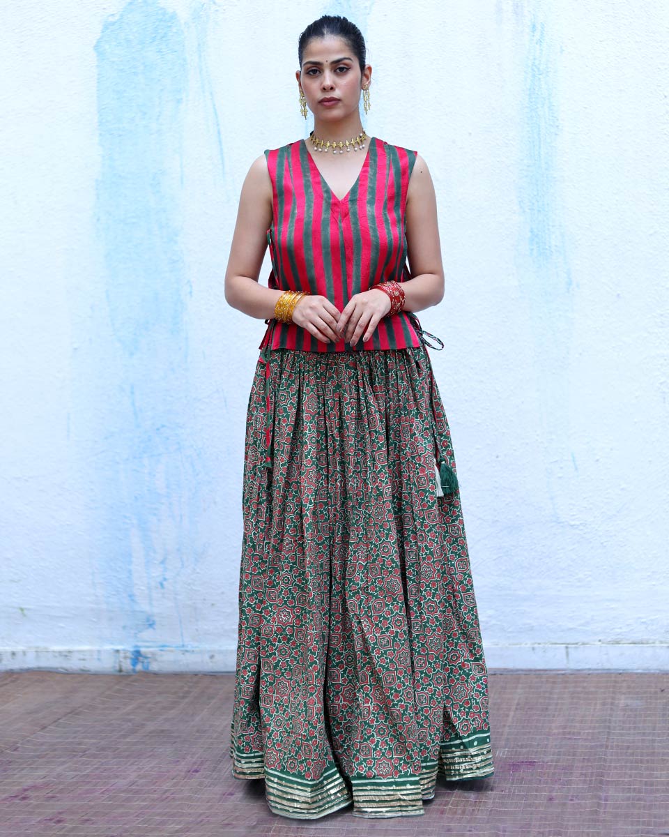 Ujvala Red With Green Handblock Print Mashru Silk Blouse - RSH