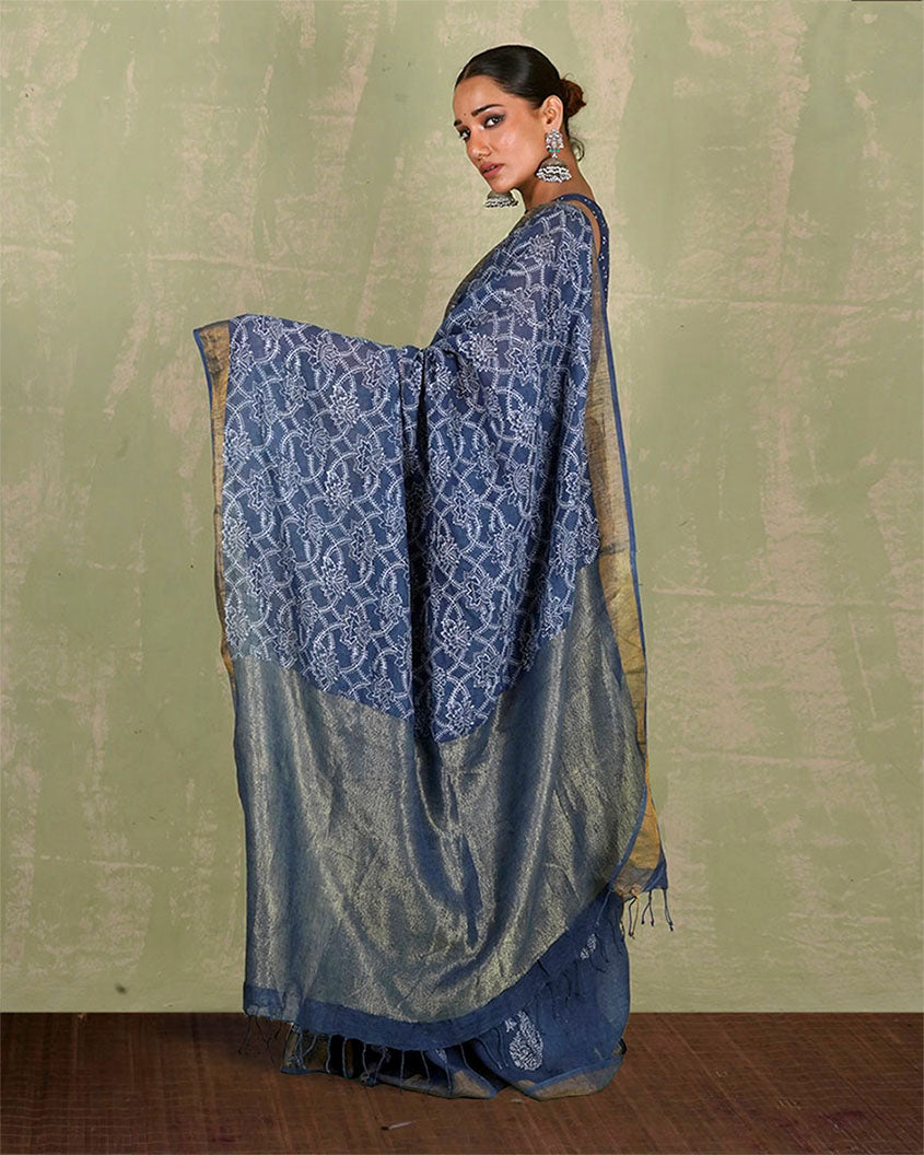Malavi Blue Handblock Print Linen Saree - INDI