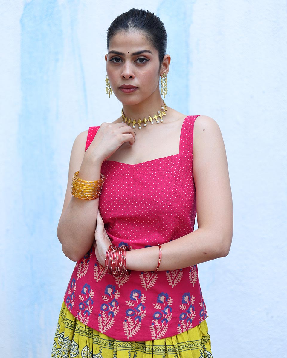 Aftabi Pink Handblock Print Cotton Top - RSH