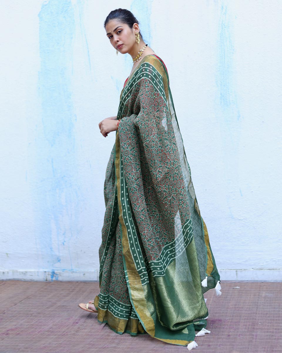 Deepti Green Handblock Print Linen Saree - RSH