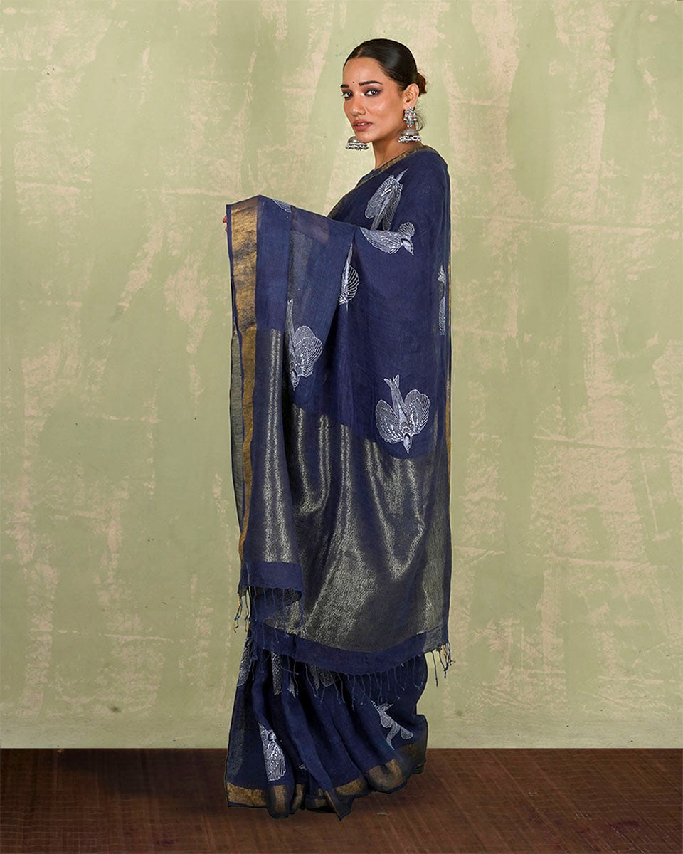 Rasiya Blue Handblock Print Linen Saree - INDI