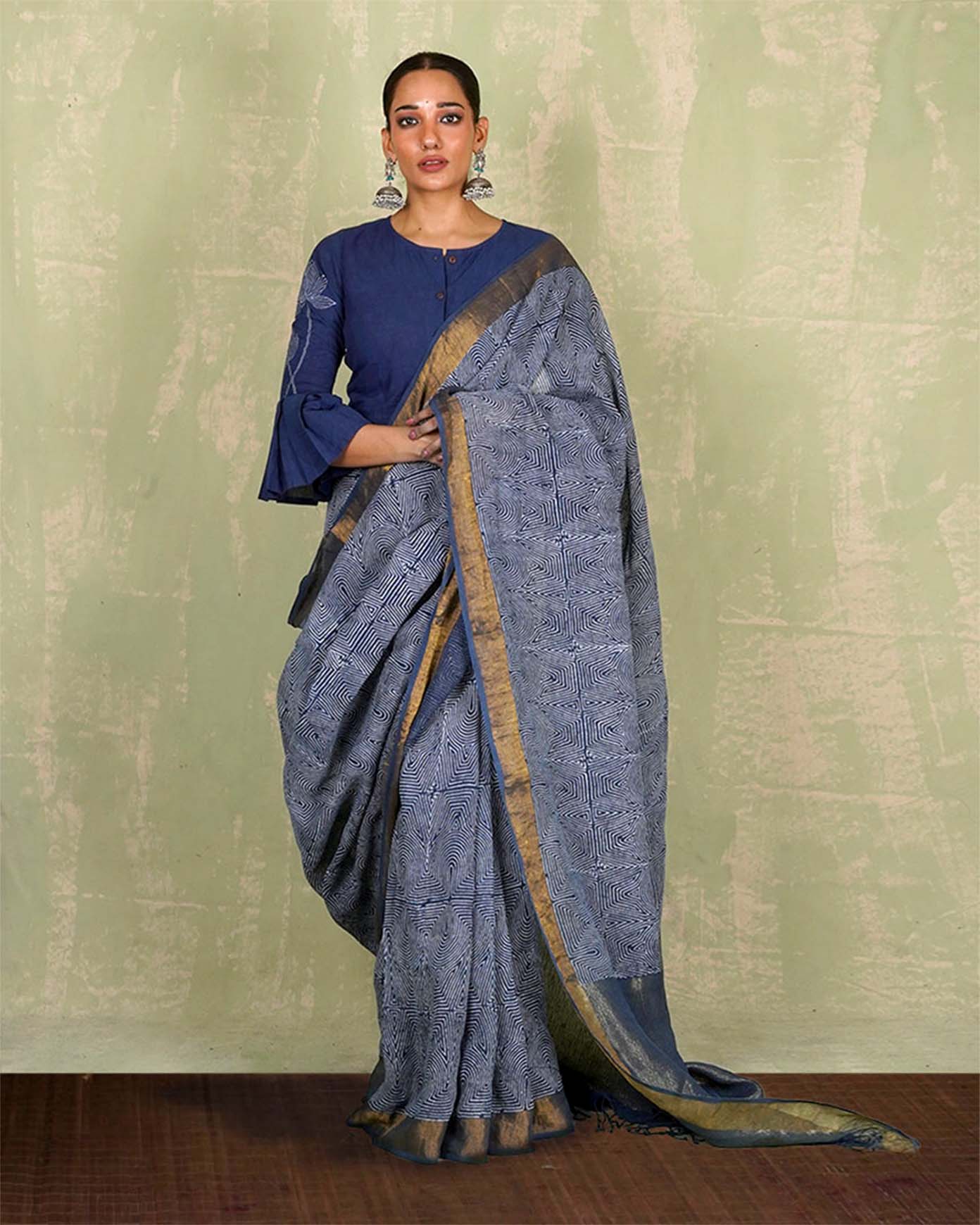 Sanjh Tarini Blue Handblock Print Linen Saree - INDI