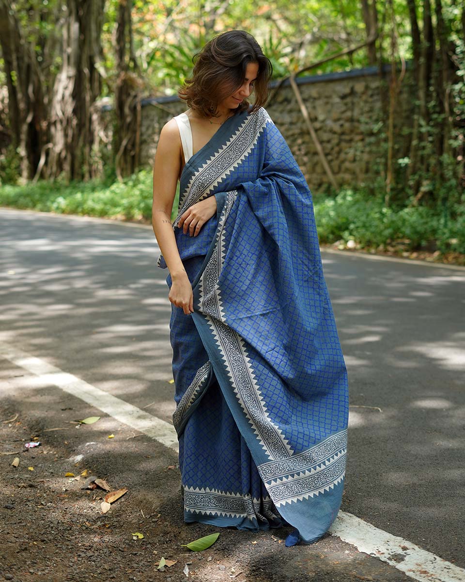 Butterflypea Pudding Blue Handblock Print Cotton Saree - PBC