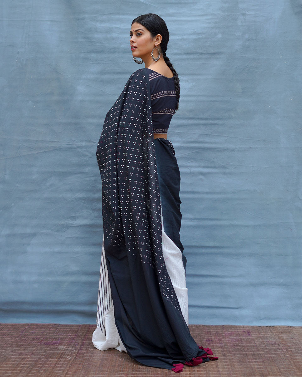 Monochrome Magic Black & White Handblock Print Cotton Saree - M&M