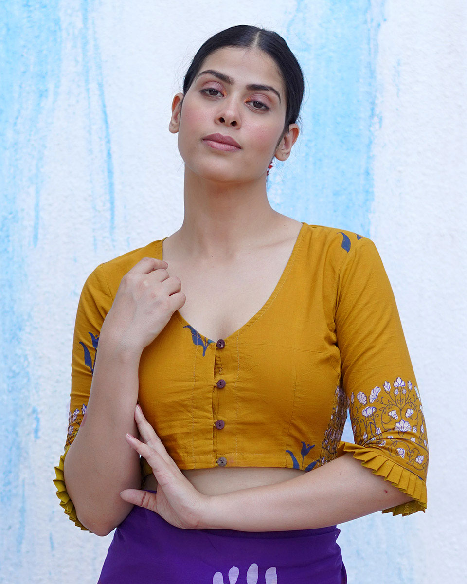 Pankhi Mustard Yellow Handblock Print Cotton Blouse - BFG