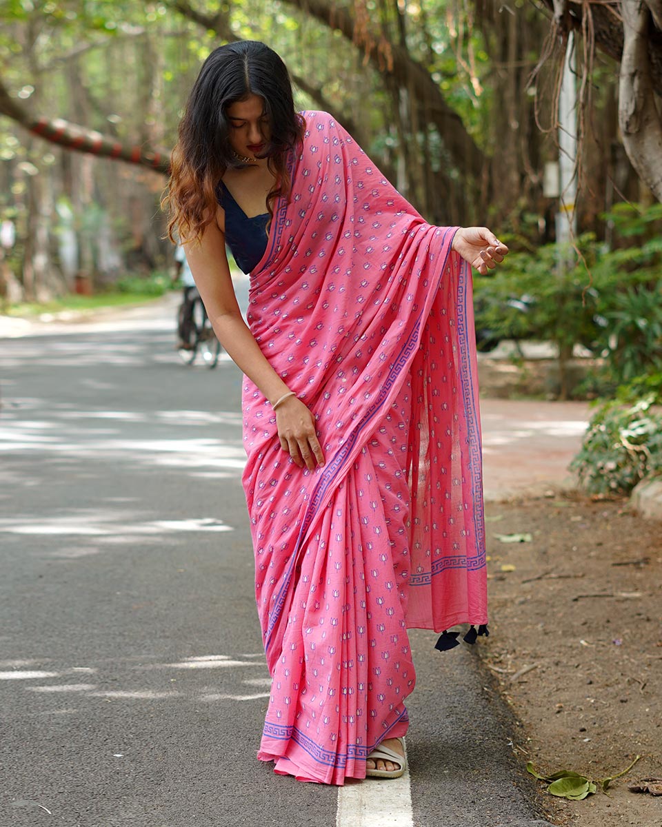 Rose Rabdi Pink Handblock Print Cotton Saree - PBC