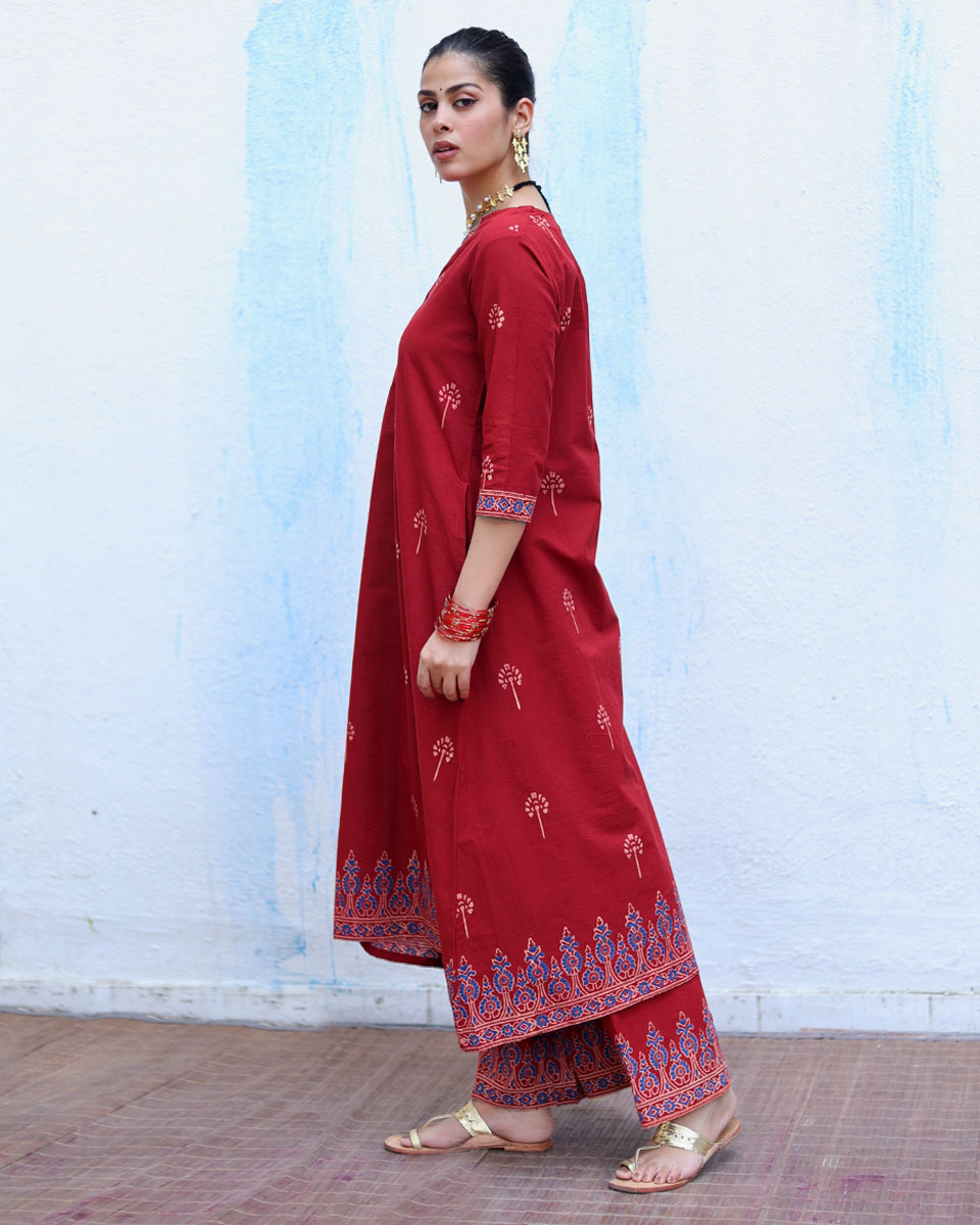 Anjuman Red Handblock Print Cotton Kurta Set - RSH