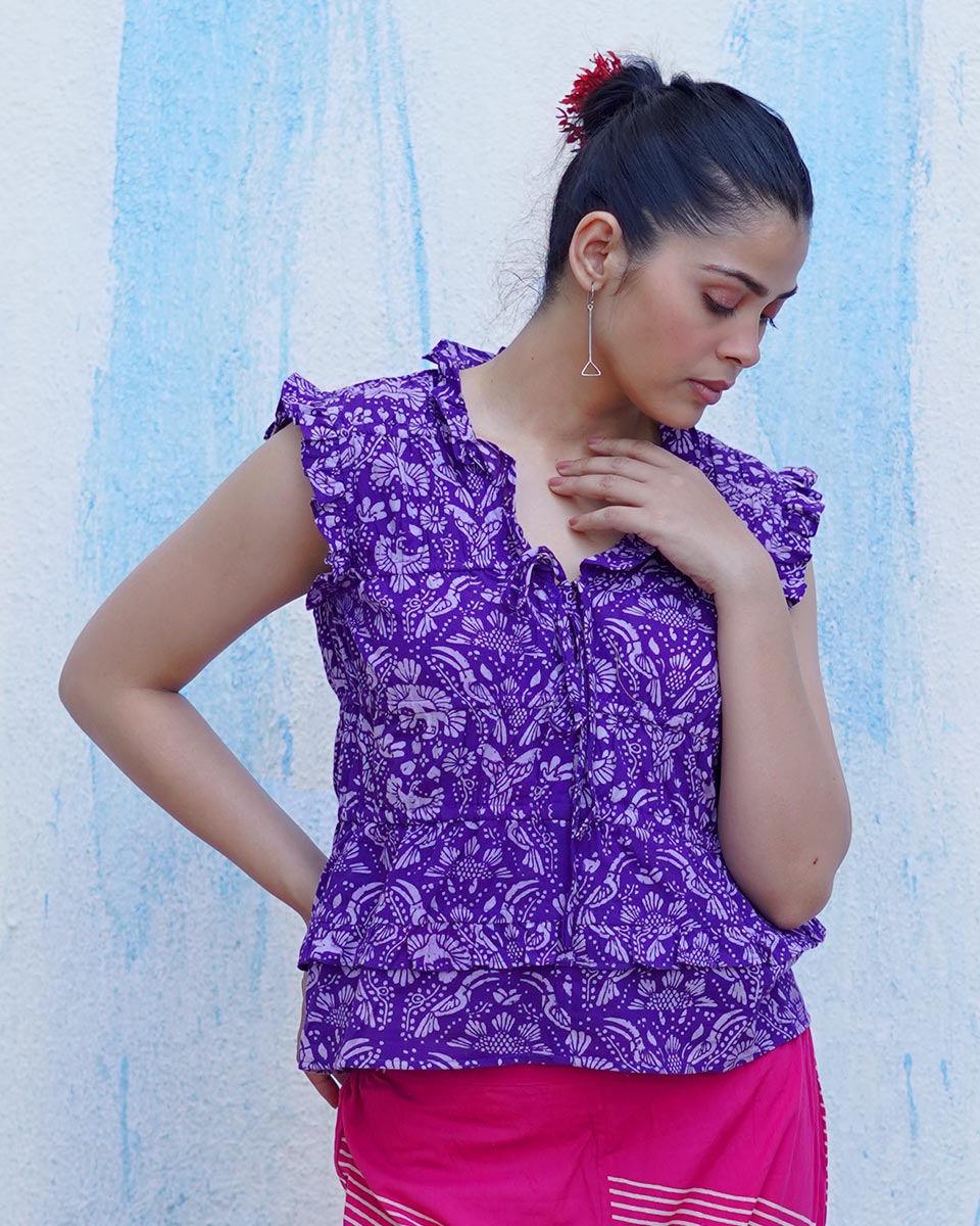 Phulwa Purple Handblock Print Cotton Top - BFG
