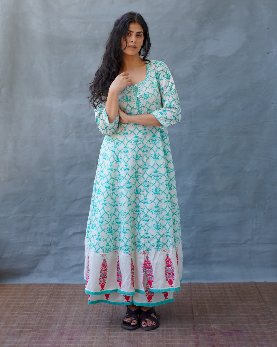 Chamomileâ€™s Calm Teal Green Block Printed Cotton Dress - MMG