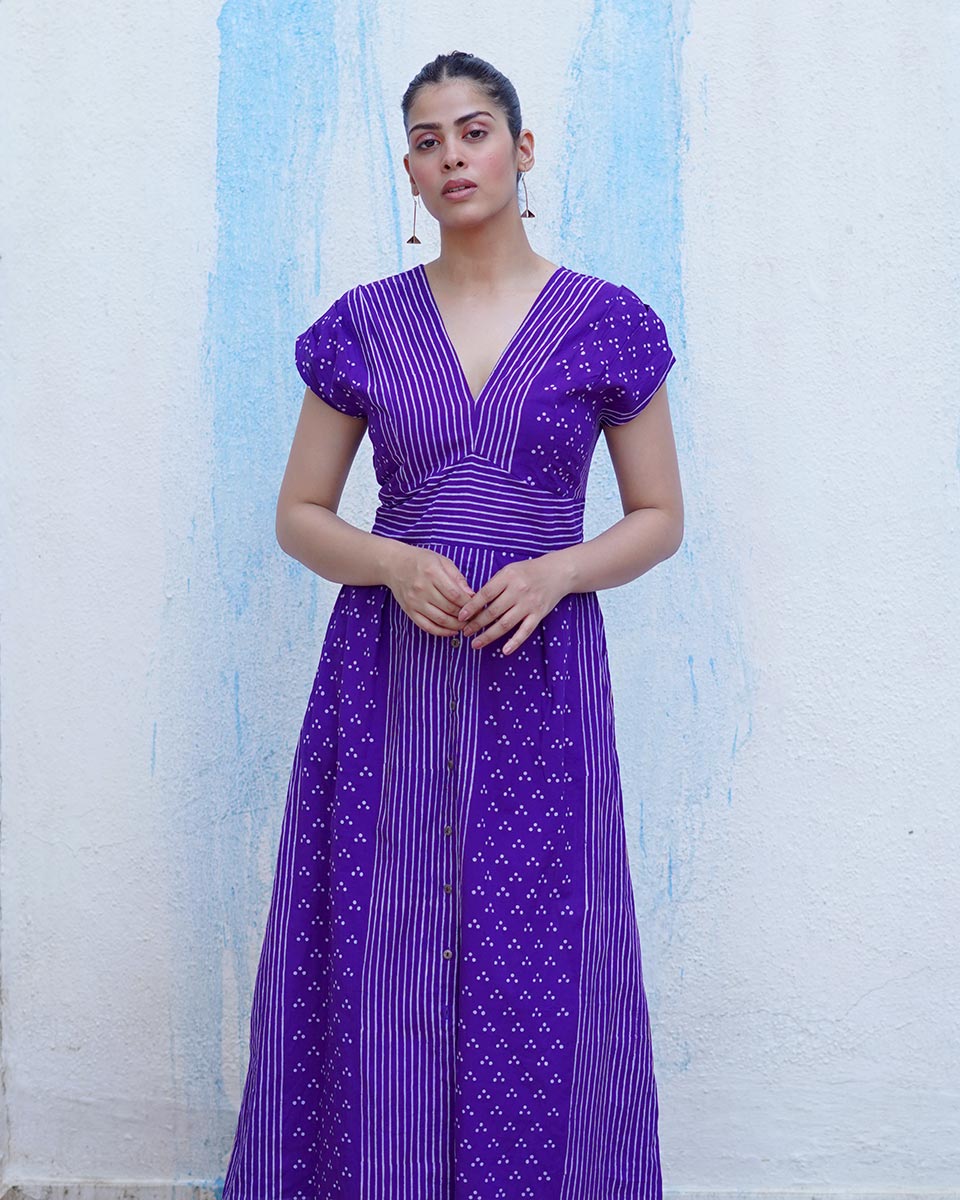 Lahari Purple Handblock Print Cotton Dress - BFG