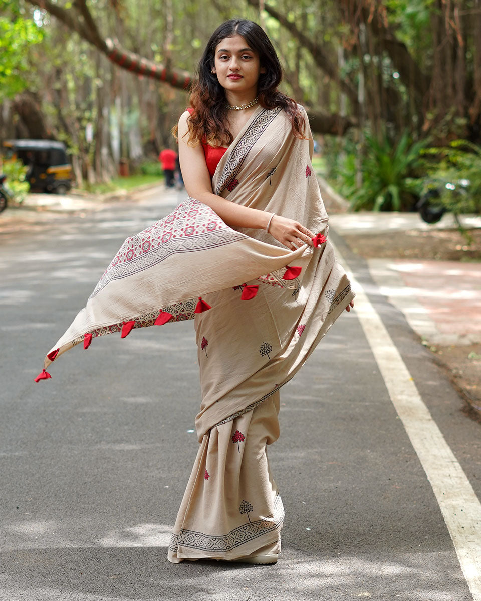 Coconut Chikki Beige Handblock Print Cotton Saree - PBC