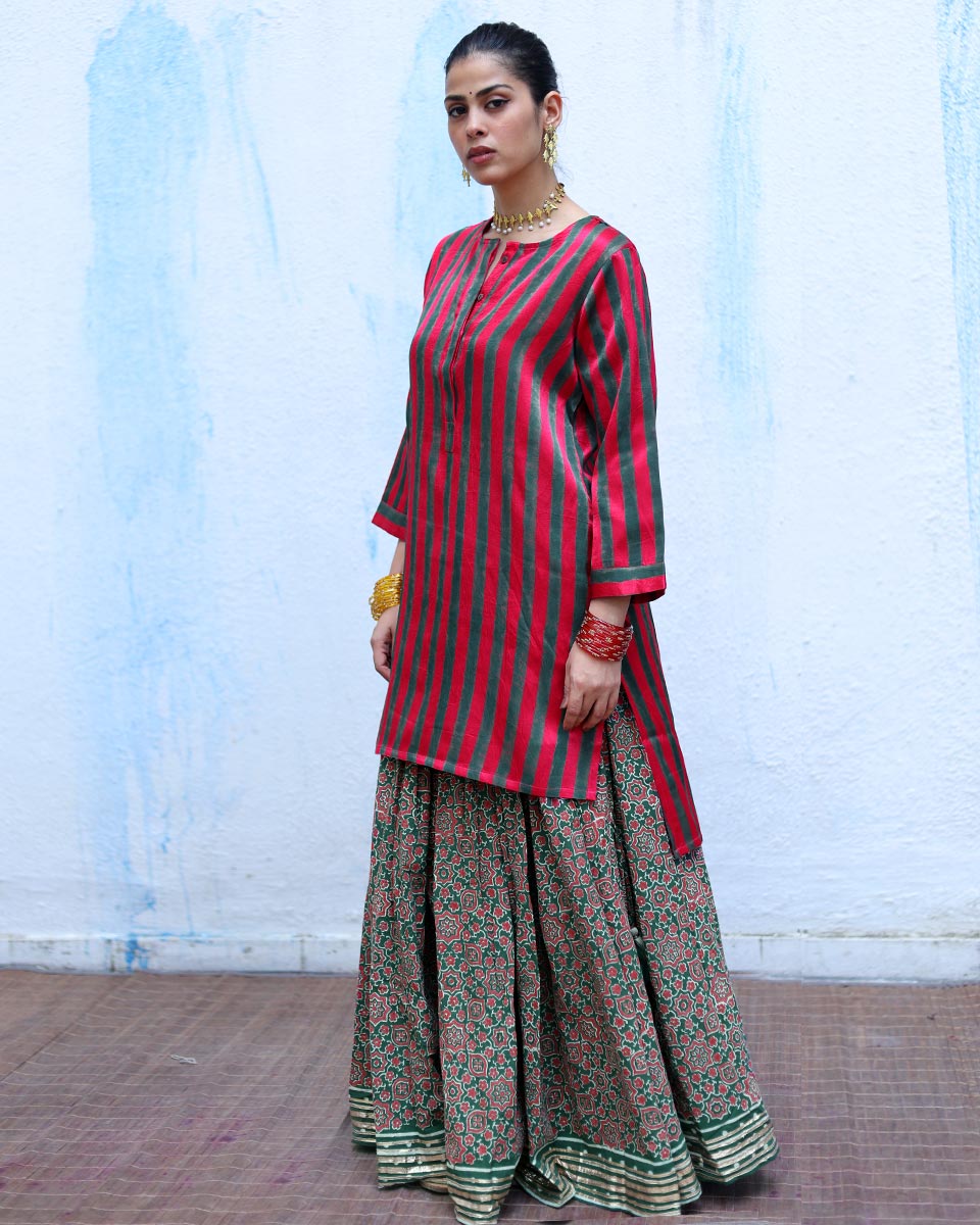 Kaumudi Red Handblock Print Mashru Silk Kurta - RSH