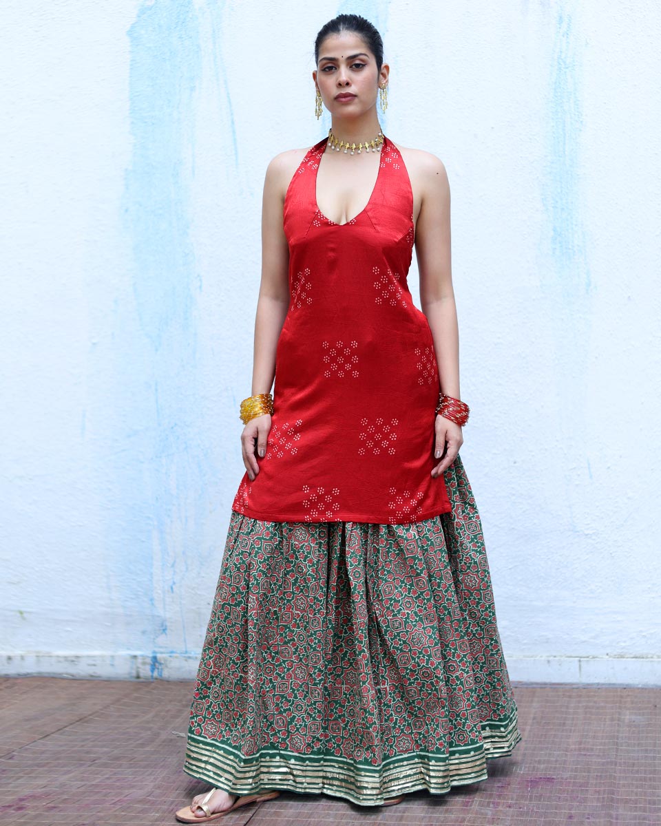 Jhilik Green Handblock Print Cotton Ghagra - RSH