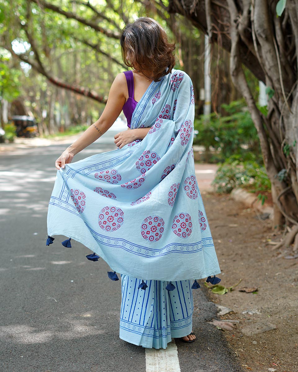 Blueberry Cream Sky Blue Handblock Print Cotton Saree - PBC