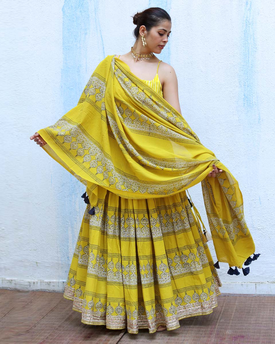Mehruma Yellow Handblock Print Cotton Dupatta - RSH