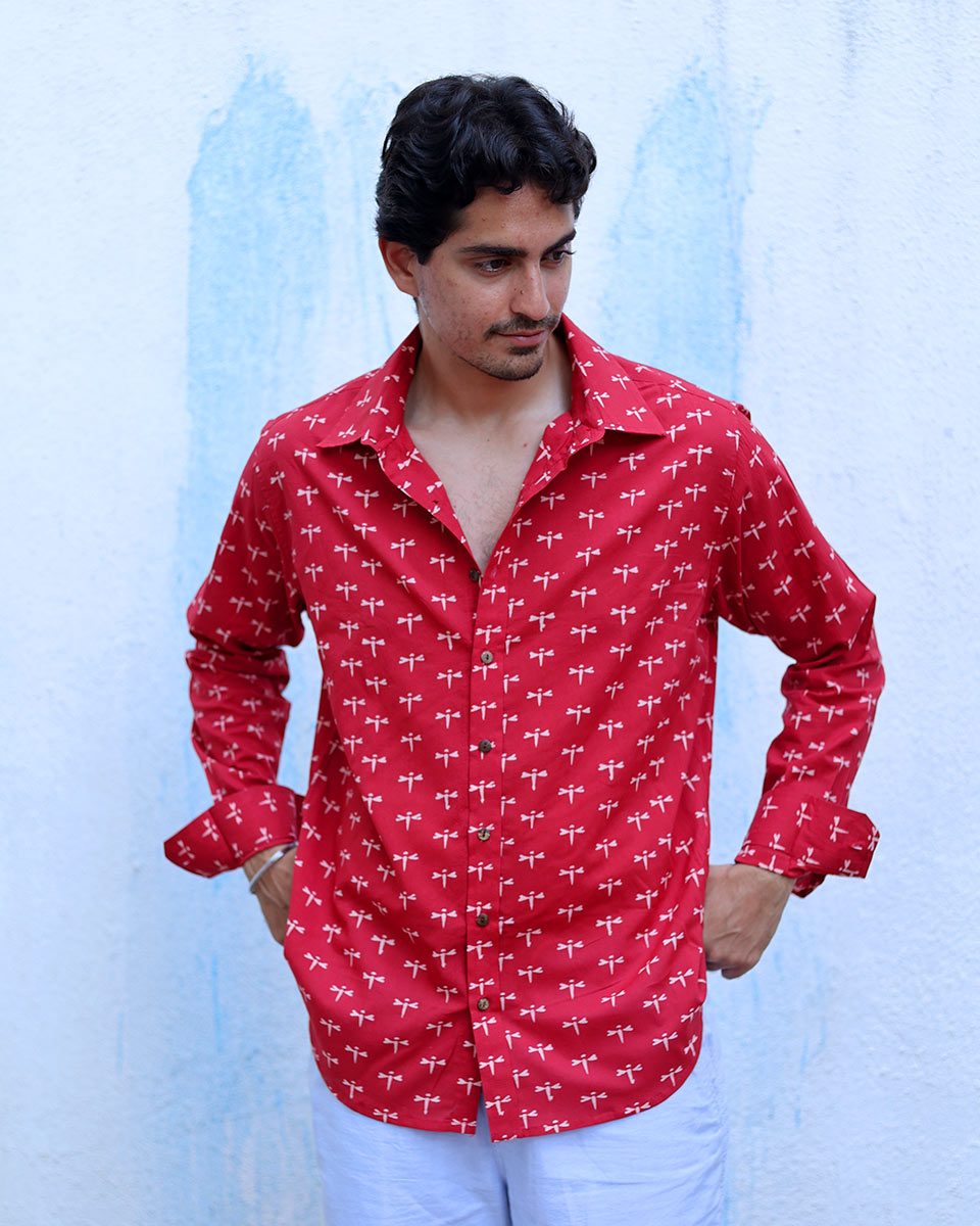 Shadan Red Hand Block Print Cotton Shirt -TOF