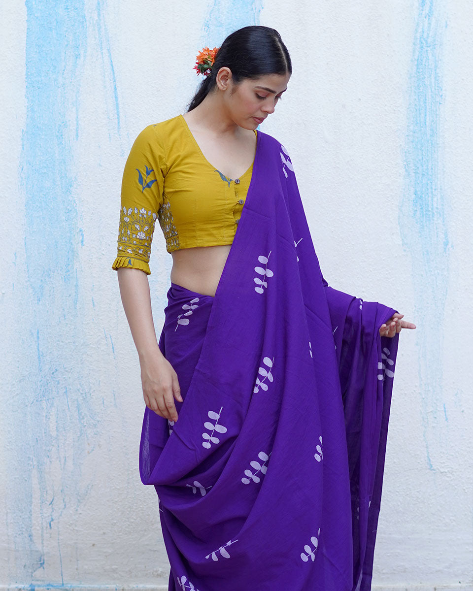 Kuhu Purple Handblock Print Cotton Saree - BFG