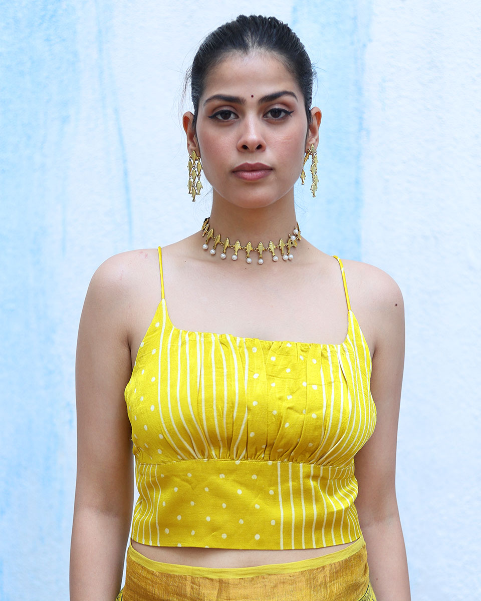 Noor Yellow Handblock Print Mashru Silk Top - RSH