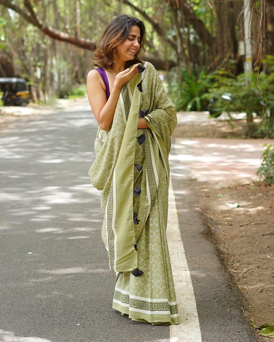 Kesar Phirni Olive Green Handblock Print Cotton Saree - PBC