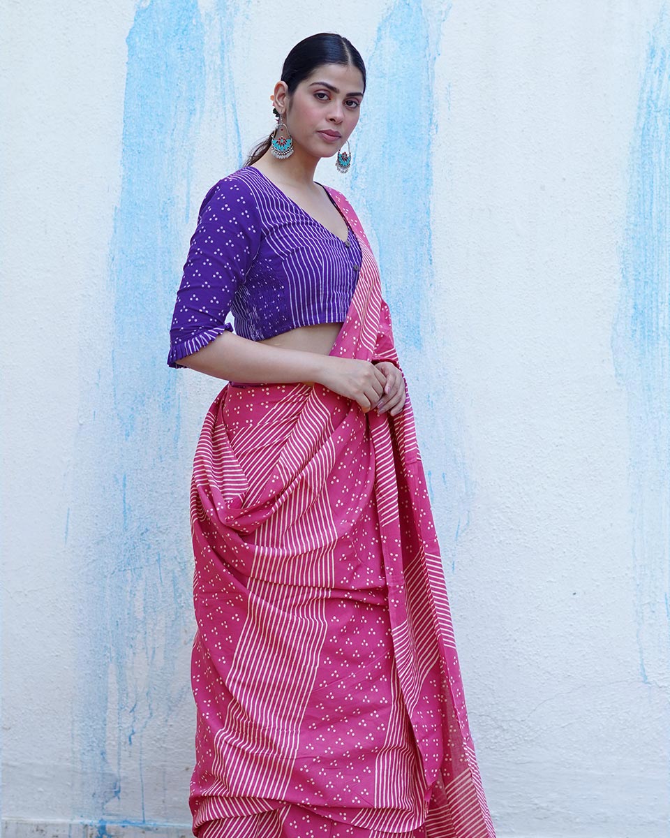Patang Pink Handblock Print Cotton Saree - BFG