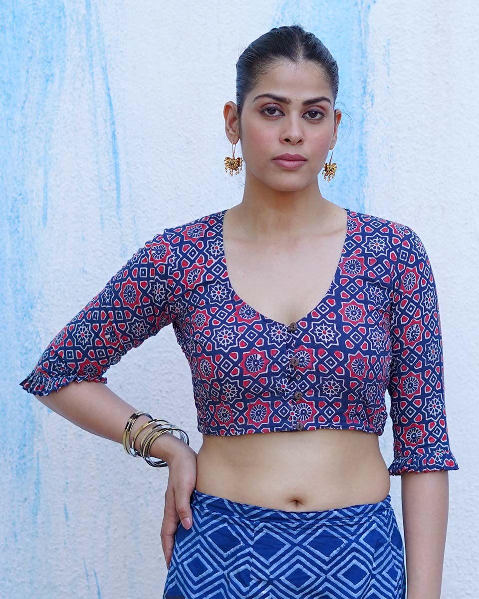 Carefree Hours Indigo Blue Hand Block Printed Cotton Blouse - UMT