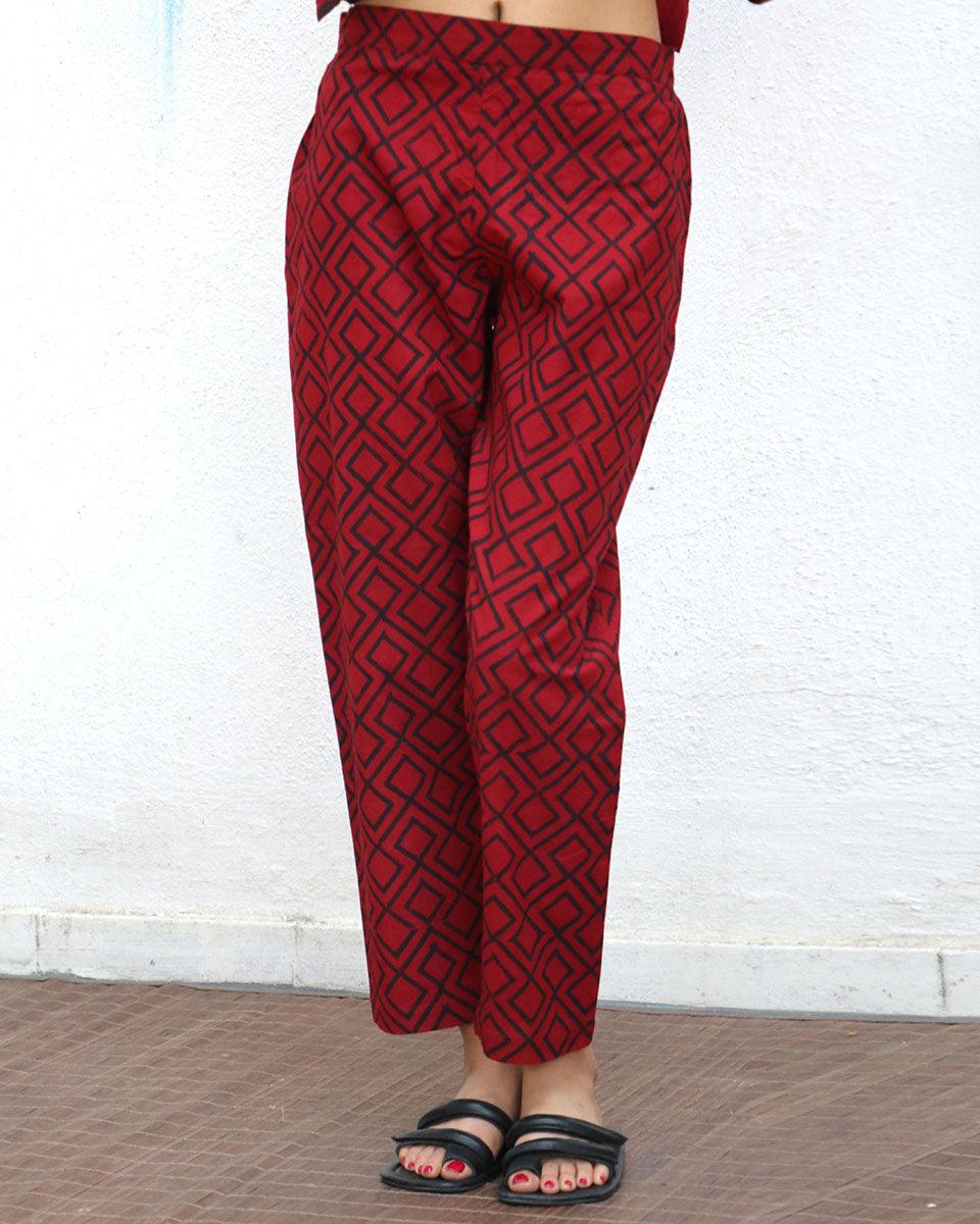 Graphite Ruby Red Blockprinted Cotton Pant - LD