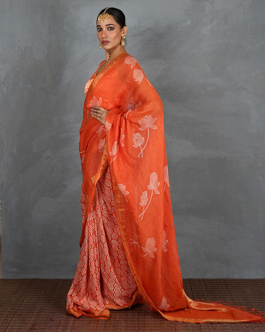 Meher Orange Handblock Linen Saree - TARA