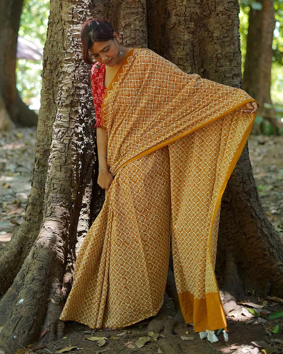 Under Open Skies Mustard Hand Block Printed Cotton Saree - UMT
