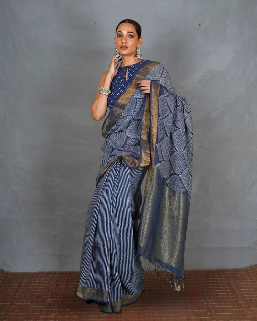 Malhari Blue Handblock Print Linen Saree - INDI