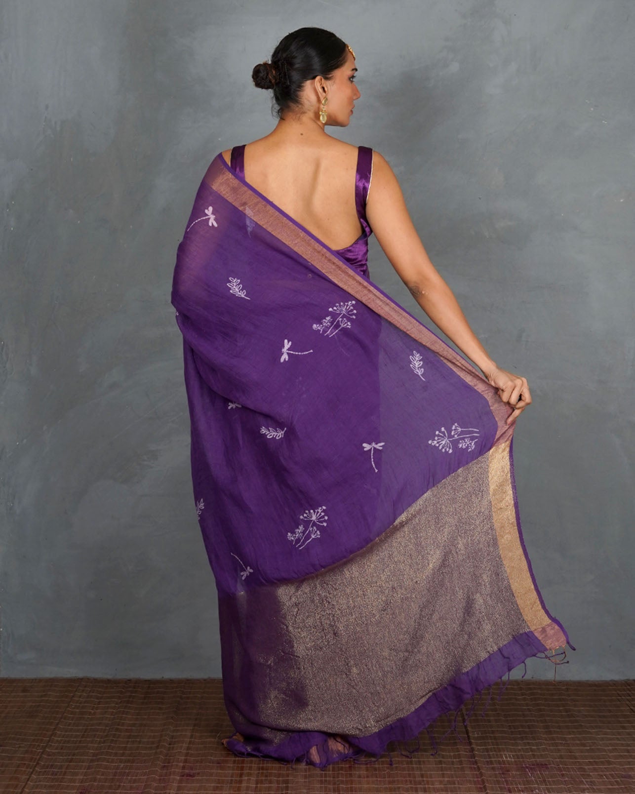 Noori Royal Purple Handblock Linen Saree - TARA