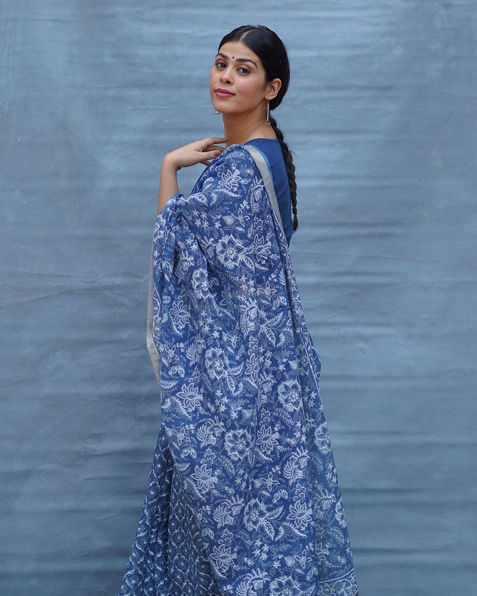 Waiting Sea Blue Block Printed Kota Doria Saree - INDI