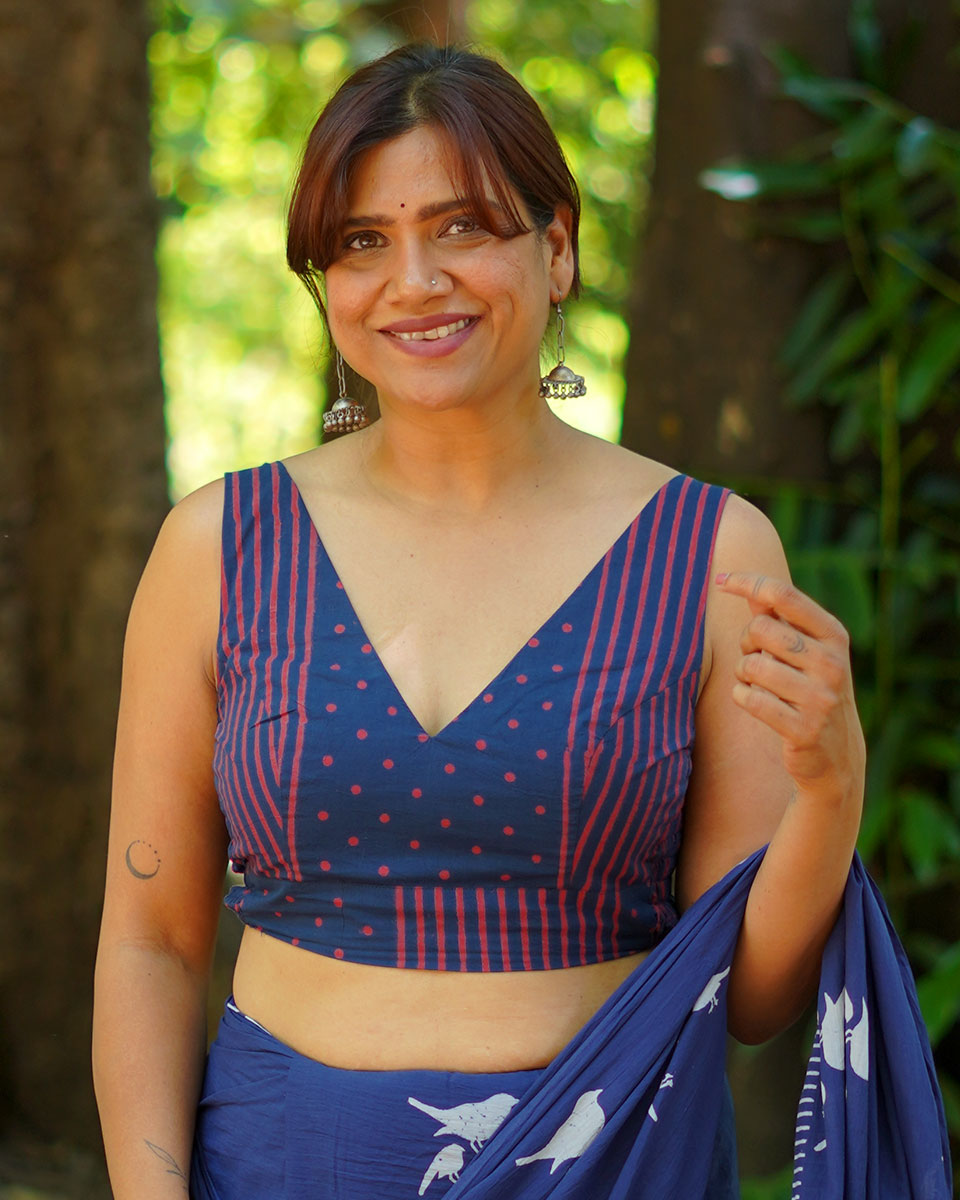 Playing till sunset Indigo Hand Block Printed Cotton Blouse - UMT